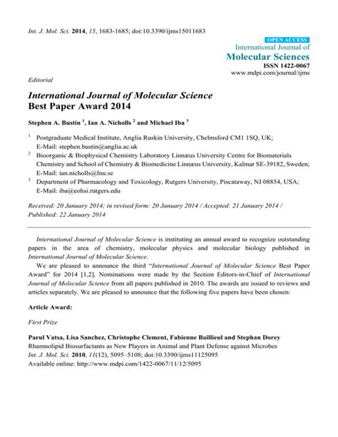 International Journal of Molecular Science Best Paper Award 2014