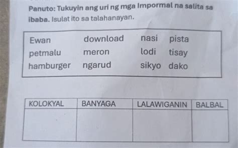 Solved Panuto Tukuyin Ang Uri Ng Mga Impormal Na Salita Sa Ibaba