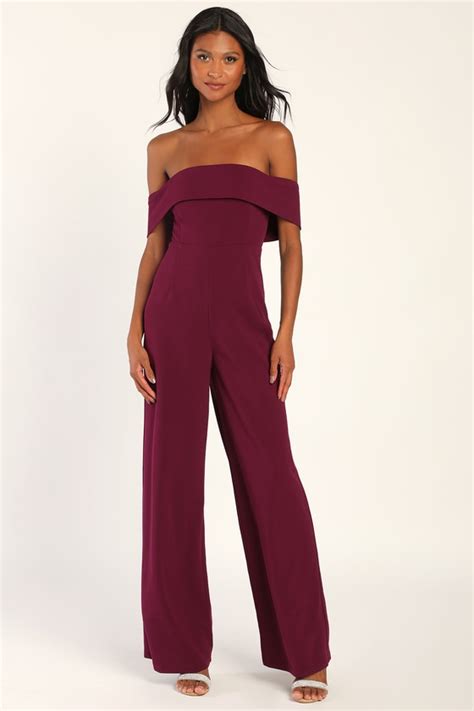 Purple Jumpsuit Off The Shoulder Jumpsuit Wide Leg Jumpsuit Lulus