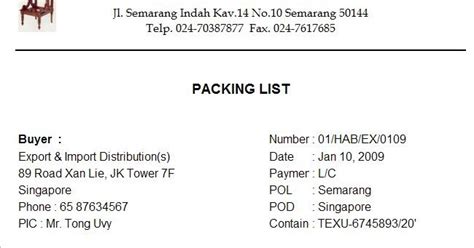 Contoh Packing List Pengiriman Barang