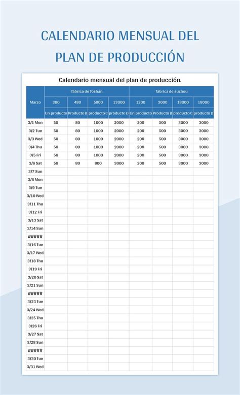 Plantilla de Formato Excel Calendario Mensual Del Plan De Producción y