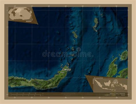 Sulawesi Utara Indonesia Low Res Satellite Labelled Points Of Cities