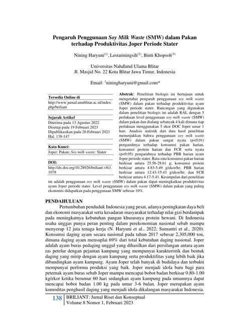 Pdf Pengaruh Penggunaan Soy Milk Waste Smw Dalam Pakan Terhadap