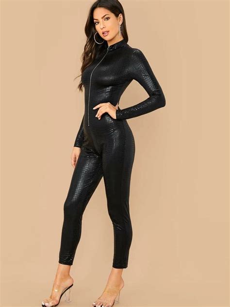 Shein Mock Neck Zip Up Crocodile Embossed Jumpsuit Fashion Jumpsuit