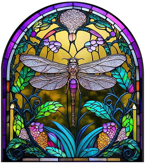 Faux Stained Glass Dragonfly WINDOW CLING Suncatcher Arch Size 9 With