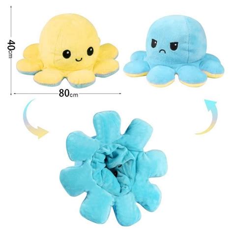 Peluche Pieuvre Reversible Geante Cm Jaune Bleu Double Face Humeur