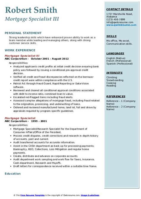 Mortgage Specialist Resume Samples Qwikresume