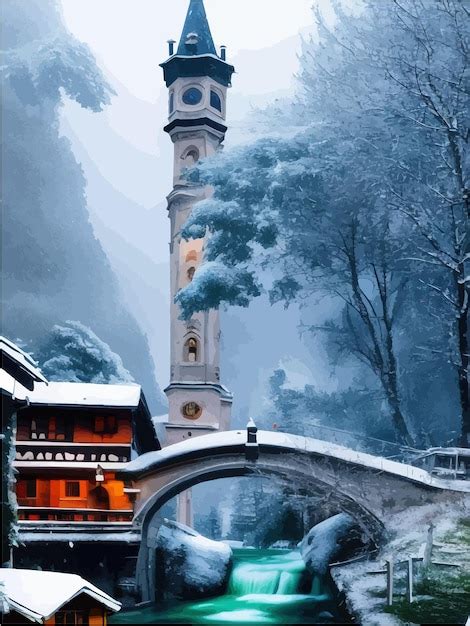 Premium Vector In Snow Castle Old Castle In Woods Style Town Photorealistic Quiet River Stone