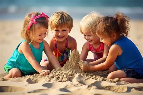 Grupo de niños jugando con arena en la playa en un soleado día de