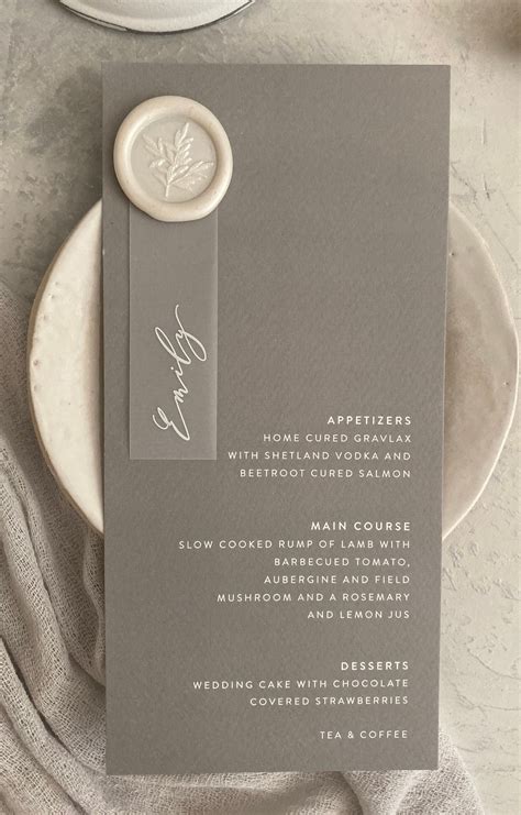 Grey Wedding Menu With Name Tag And Wax Seal Artofit