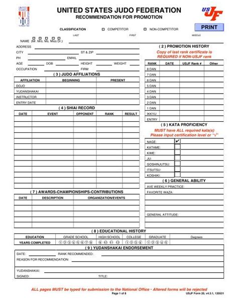 Promotional Forms USJF Form 20 United States Judo Federation