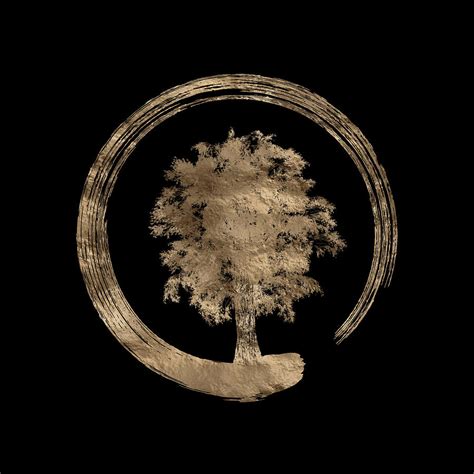 Enso Zen Circle And Tree Gold On Black Digital Art By Lioudmila Perry