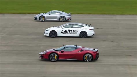 Drag Race Tesla Model S Plaid Vs Ferrari SF90 Porsche 911 Turbo S