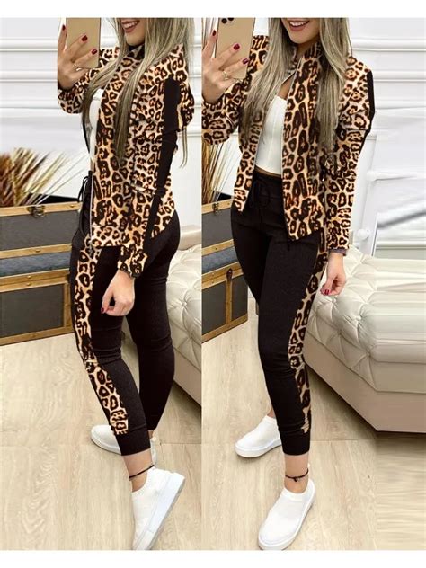 Trend Leopard 2 Dwucz Ciowy Zestaw Kobiet Stroje Activewear Zamek B