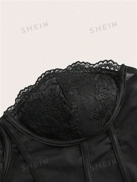 Shein Frenchy Exquisite Bandeau Corset Tube Top Lace Inserted Bodysuit