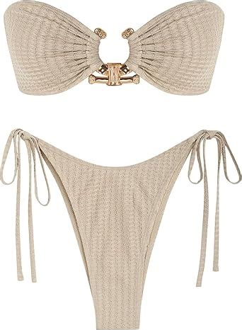 Amazon Zaful Metal Ring Bandeau Bikini Set Tie Side Bathing Suit High Cut Piece Swimsuit