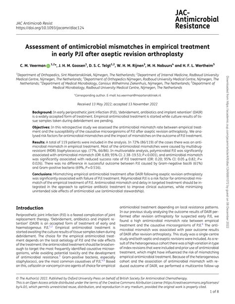 Pdf Assessment Of Antimicrobial Mismatches In Empirical Treatment In Early Pji After Aseptic