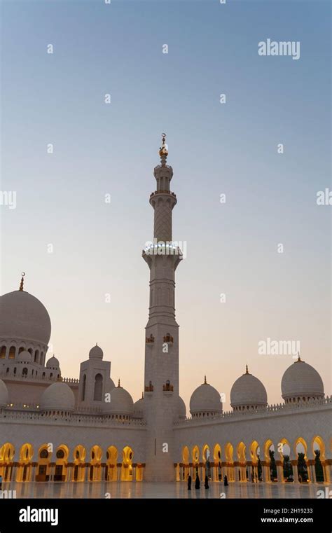 A View Of Domes Lighted Arches And A Minaret At The Sheikh Zayed