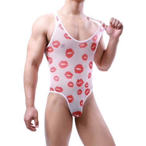 【yf】 Mens Sexy Mesh Bodysuit Lipstick Print Bodywear Underwear