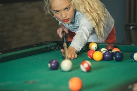 Beautiful Smiling Blonde Women Playing Billiards Stock Photo Image Of Indoors Billiard