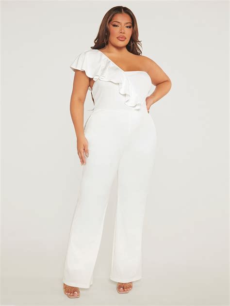 Sxy Plus One Shoulder Ruffle Trim Wide Leg Jumpsuit