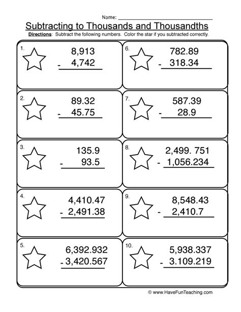 Subtracting To Thousands And Thousandths Worksheet By Teach Simple