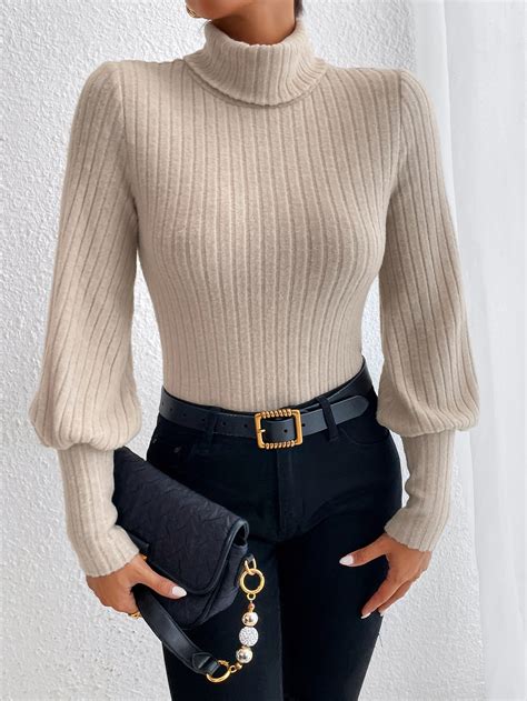 Shein Priv Turtle Neck Ribbed Knit Lantern Sleeve Bodysuit Shein Usa