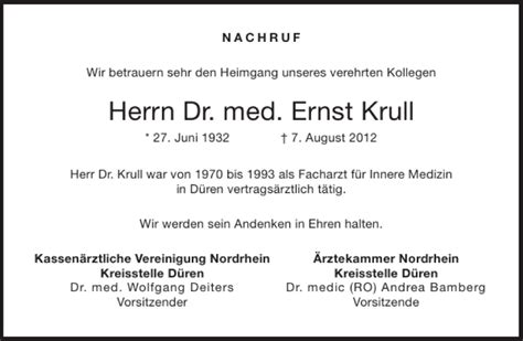 Traueranzeigen Von Dr Med Ernst Krull Aachen Gedenkt