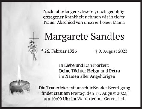 Traueranzeigen Von Margarete Sandles Sz Gedenken De