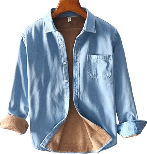 Haorun Men Lined Denim Shirt Warm Blue Jeans Jacket Regular Collared Tops Casual Shopstyle