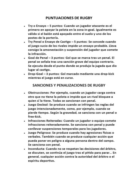 Las Reglas Y Puntuaciones Básicas Del Rugby Pdf