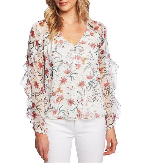 Cece Ruffled Long Sleeve Floral Print Button Front Blouse Dillards