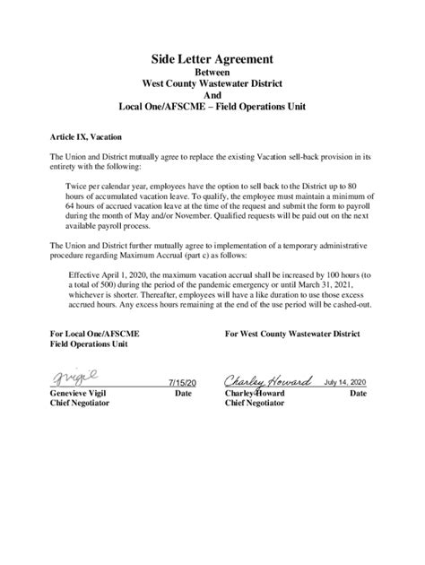 Fillable Online Vacation Side Letter Agreement Field Operations Unit