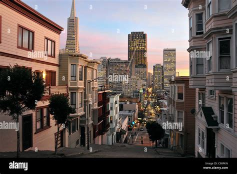 Houses Along Steep Street In The Evening Streets Of San Francisco