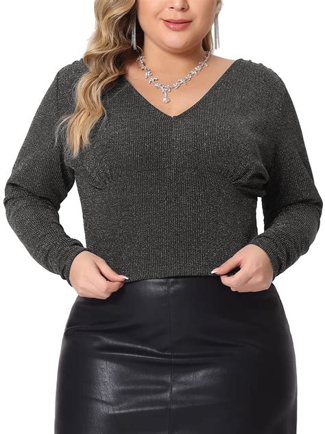 Unique Bargains Women Plus Size Top Metallic V Neck Long Sleeve Glitter