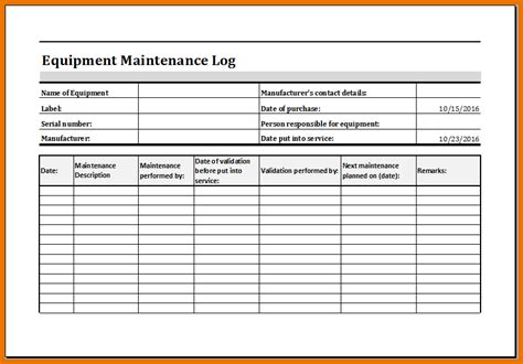 Equipment Maintenance Log Template Excel | charlotte clergy coalition