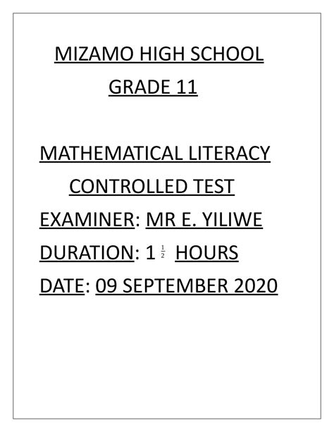 Grade 11 Maths Literacy Mizamo High School Grade 11 Mathematical Literacy Controlled Test