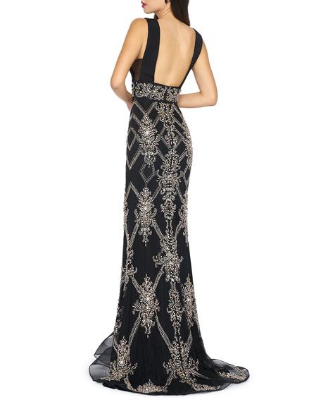 Mac Duggal V Neck Sleeveless Medallion Embellished Jersey Gown Neiman