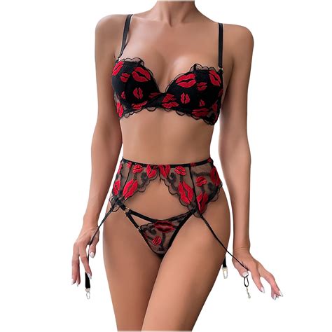 Mianht Women Sexy Lingerie Set Lip Embroidery Mesh Gauze Sexy