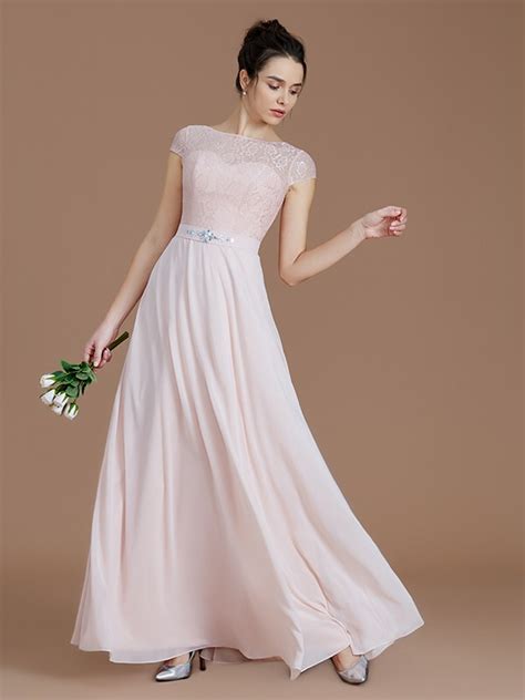 A Line Princess Bateau Sleeveless Lace Floor Length Chiffon Bridesmaid