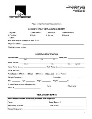 Fillable Online Patient Questionnaire Total Sleep Management Fax