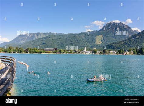 Strobl Lake Wolfgangsee Bathers View To Strobl And Mount Sparber