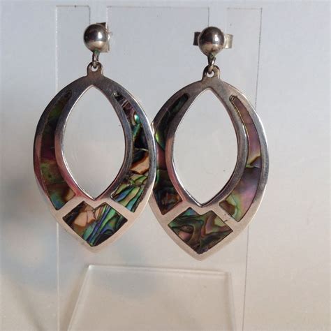 Sterling Silver Abalone Pointed Oval Hoop Dangle Earrings Th Taxco