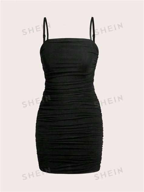 Shein Ezwear Summer Dress Black Solid Ruched Cami Bodycon Dress For