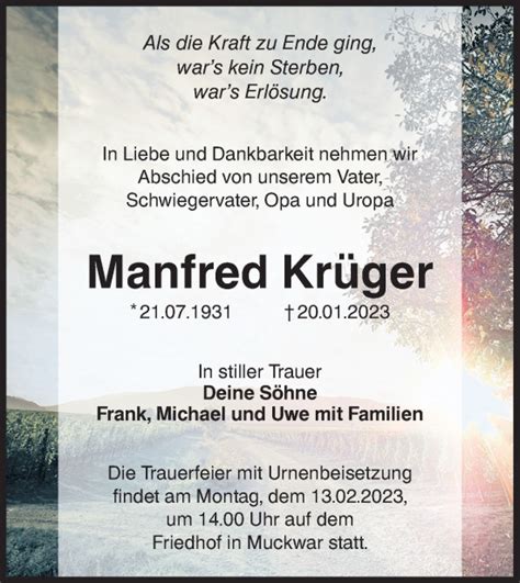 Traueranzeigen von Manfred Krüger lr online trauer de