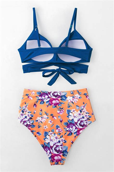 Summer Dream Blue Wrap And Floral High Waisted Bikini