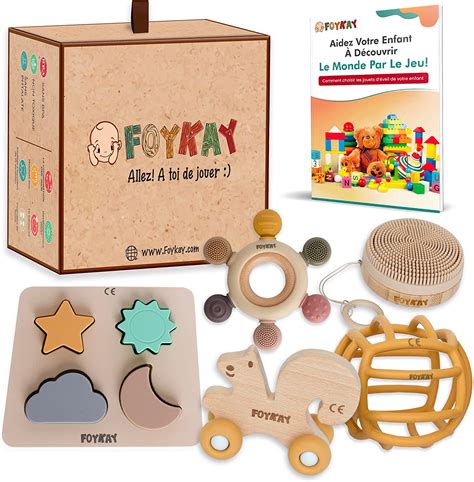 Foykay Jouets Veil Montessori Bois Silicone Anneau Hochet Balle