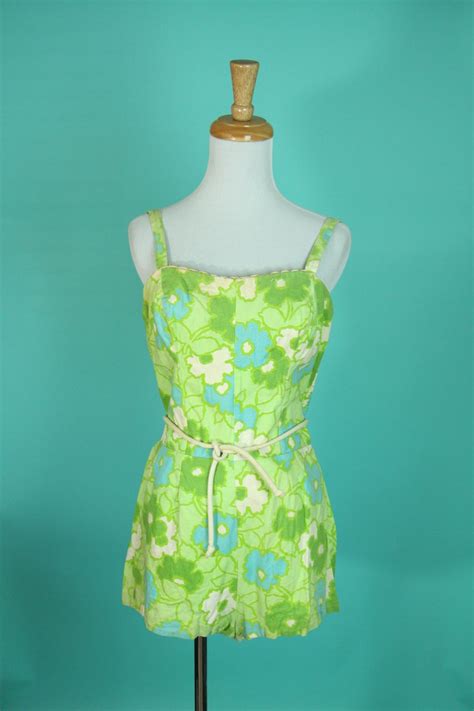 1950s Vintage Floral Bathing Suit One Piece Green And Blue Etsy