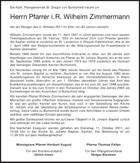 Traueranzeigen Von I R Wilhelm Zimmermann Aachen Gedenkt