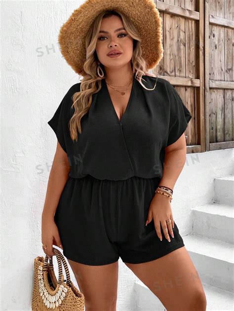 SHEIN VCAY Plus Surplice Neck Batwing Sleeve Romper SHEIN USA